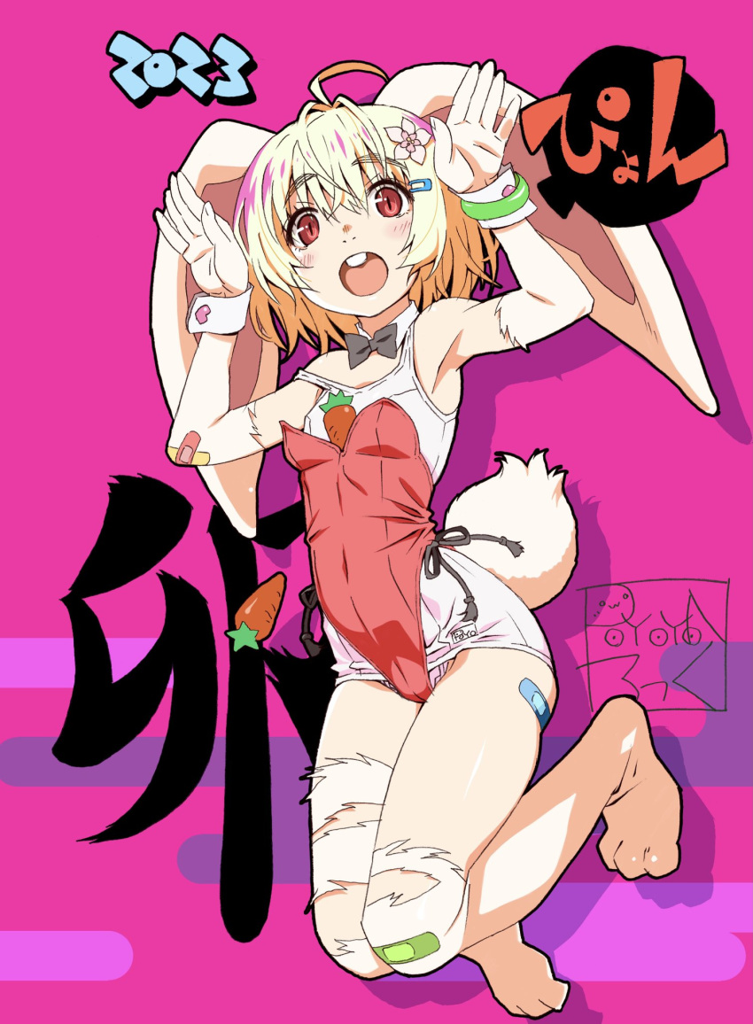 1girl 2023 ahoge animal_ears background_text bandaid bandaid_on_arm bandaid_on_knee bandaid_on_leg bangs black_bow black_bowtie bow bowtie buck_teeth carrot chinese_zodiac circle_name collar detached_collar egasumi elbow_gloves floating flower full_body gloves hair_flower hair_ornament hairclip highres layered_clothes legs_up leotard new_year one-piece_swimsuit open_mouth original pink_background playboy_bunny rabbit_ears rabbit_girl rabbit_tail red_eyes red_leotard school_swimsuit short_hair smile solo strap_slip swimsuit tail teeth thighhighs torn_clothes torn_gloves torn_thighhighs watanabe_akio white_collar white_gloves white_hair white_one-piece_swimsuit white_thighhighs year_of_the_rabbit