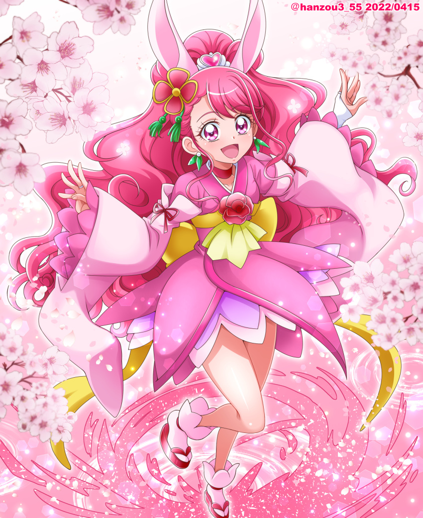 1girl animal_ears asymmetrical_bangs back_bow bangs big_hair bow bridal_gauntlets cherry_blossoms commentary_request cure_grace cure_grace_(partner_form) dated dress earrings gloves hair_ornament hanadera_nodoka hanzou healin'_good_precure healin'_good_precure:_yume_no_machi_de_kyun!_tto_gogo!_daihenshin!! highres jewelry large_bow long_hair long_sleeves looking_at_viewer magical_girl on_liquid open_mouth partial_commentary petals pink_dress pink_footwear pink_hair pink_theme precure rabbit_ears sandals short_dress smile socks solo standing tiara twitter_username very_long_hair wavy_hair white_gloves white_socks wide_sleeves yellow_bow