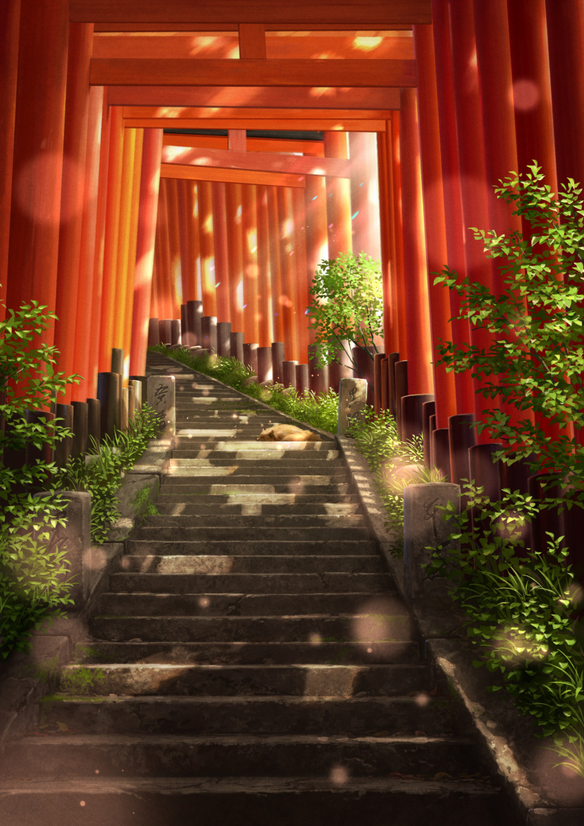 absurdres bush commentary_request dappled_sunlight day fushimi_inari_taisha highres lens_flare light_rays multiple_torii no_humans original outdoors pei_(sumurai) plant scenery shadow stairs sunlight torii