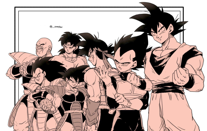 6+boys adjusting_clothes adjusting_gloves armor bald bardock broly_(dragon_ball_z) clenched_hands dougi dragon_ball dragon_ball_z earrings facial_hair food frown fruit gloves greyscale grin headband jewelry long_hair male_focus monochrome multiple_boys mustache nappa raditz saiyan_armor scar scar_on_cheek scar_on_face senka-san shoulder_armor smile son_goku tail_around_waist topless_male tullece twitter_username vegeta very_long_hair wristband