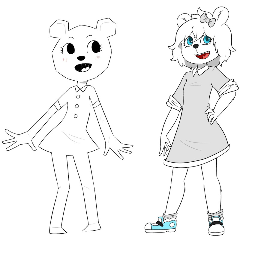 accessory anthro bear blue_eyes bow_ribbon cartoon_network clothed clothing female footwear fur hair_accessory hair_bow hair_ribbon hand_on_hip hi_res mammal paper ribbons shoes solo teri_(tawog) the_amazing_world_of_gumball white_body white_fur whitebats