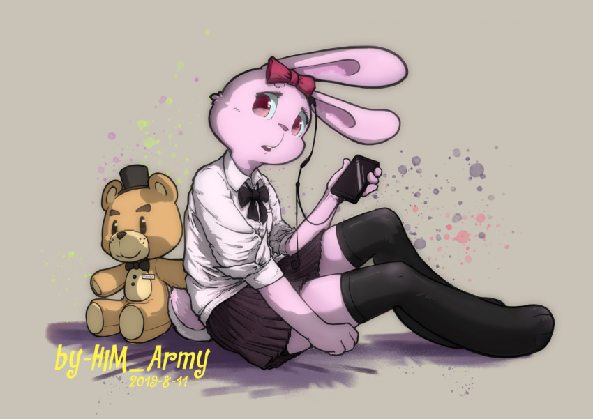 3_toes 4_fingers absolute_territory anthro artist_name baggy_clothing bottomwear bow_(feature) bow_tie breasts buckteeth bunnie_(him_army) cellphone clothing countershade_tail countershading earbuds feet female fingers five_nights_at_freddy's freddy_(fnaf) fur hat headgear headphones headwear him_army lagomorph legwear leporid looking_at_viewer mammal phone pink_body pink_fur plushie rabbit red_eyes scottgames scut_tail short_tail shorts_under_skirt simple_background skirt small_breasts smartphone solo stockings tail teddy_bear teeth toes top_hat toy