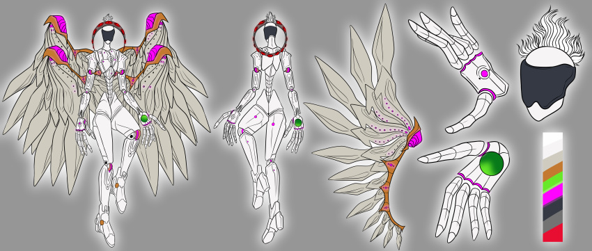 4_wings absurd_res aeserian aura extra_phalanges faceless_character female hair halo hi_res humanoid long_fingers machine mechanical_wings model_sheet multi_eye multi_wing noelstiael onikkussu red_eyes robot robot_humanoid saorsa solo white_aura white_hair wings