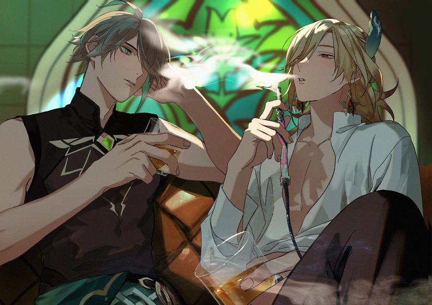 2boys alcohol alhaitham_(genshin_impact) bangs black_pants blonde_hair brown_eyes chest_jewel couch cup feather_hair_ornament feathers genshin_impact grey_hair hair_between_eyes hair_ornament hair_over_one_eye holding holding_cup hookah indoors kaveh_(genshin_impact) long_sleeves male_focus multicolored_hair multiple_boys pants parted_lips shirt sinsinsssh sitting sleeveless smoke smoking white_shirt window