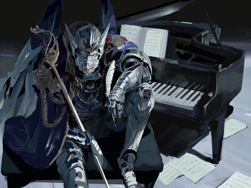 1boy armor blue_cape cape epaulettes feathers full_armor gundam gundam_wing gundam_wing_endless_waltz helmet highres holding holding_feather holding_staff humanization instrument knight male_focus mechanical_wings piano rintaro_komori sheet_music sitting solo staff v-fin wing_gundam_zero_custom wings