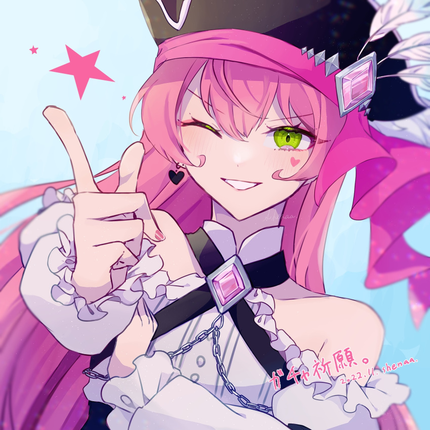 1boy blue_background crossdressing finger_gun fran_(technoroid) green_eyes hair_down heart_on_cheek highres long_hair looking_at_viewer male_focus one_eye_closed otoko_no_ko pink_hair shenaa smile solo star_(symbol) technoroid teeth