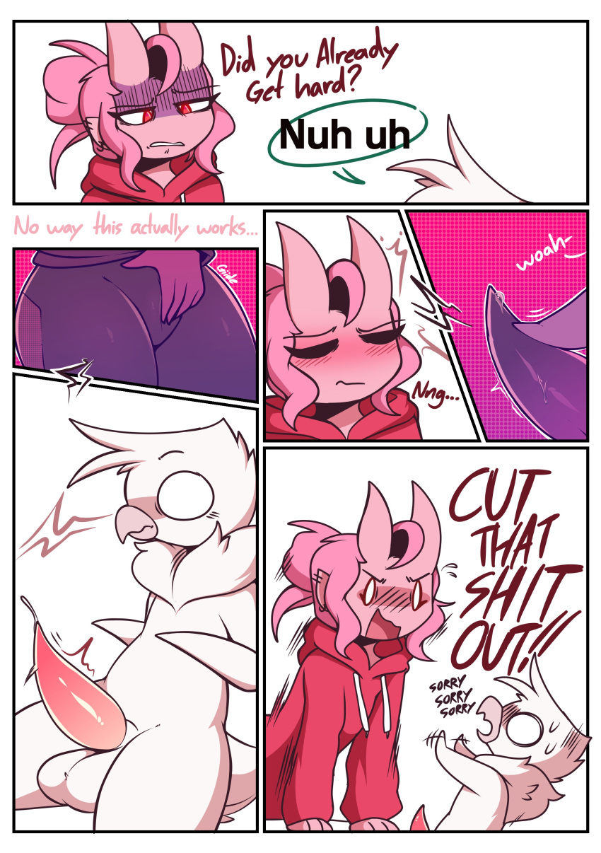 absurd_res angry animal_genitalia animal_penis anthro avian bird bodily_fluids bottomwear carrie_(giidenuts) clothed clothing comic demon demon_humanoid dialogue duo female genital_fluids genitals giidenuts hi_res horn horned_humanoid humanoid male male/female masturbation meme nervous no_nut_november penguin penis precum riley_(giidenuts) tapering_penis touching_penis vaginal vaginal_masturbation