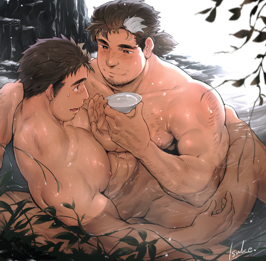 2boys abs afloat age_difference arm_hair bara brown_hair chest_hair commission completely_nude cup eye_contact facial_hair feeding feet_out_of_frame from_above hand_up highres holding holding_cup isuke large_pectorals leaning_on_person long_sideburns looking_at_another male_focus master_3_(housamo) mature_male medium_hair mononobe_kyoma multiple_boys muscular muscular_male mustache nipples nude onsen pectorals plant ponytail sakazuki short_hair sideburns skeb_commission smile stubble thick_eyebrows tokyo_afterschool_summoners white_hair yaoi