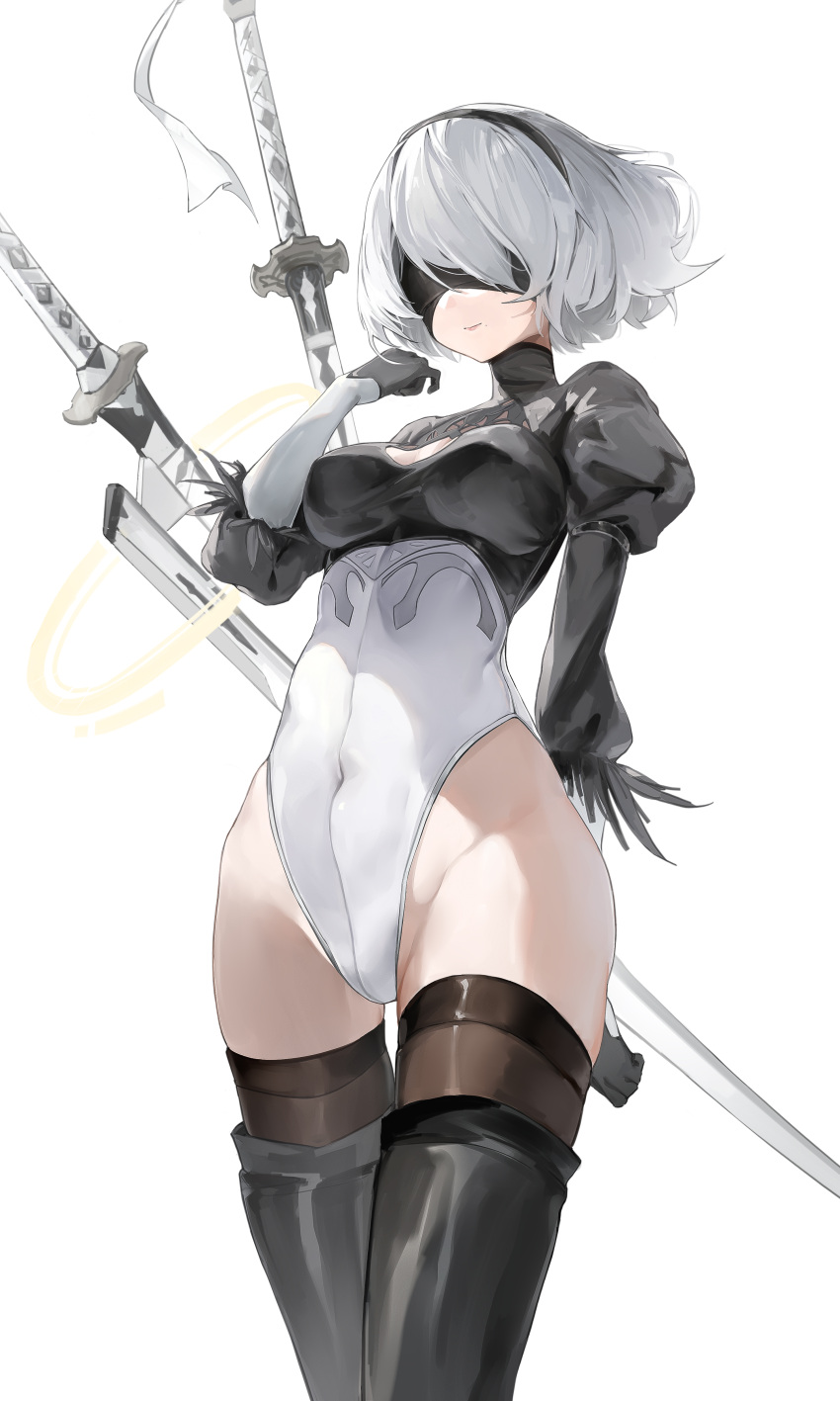 1girl absurdres bangs berserker_r black_blindfold black_gloves black_thighhighs blindfold boots breasts cleavage cleavage_cutout clothing_cutout covered_navel feather-trimmed_sleeves gloves highleg highleg_leotard highres juliet_sleeves katana leotard long_sleeves medium_breasts nier_(series) nier_automata puffy_sleeves short_hair solo sword thigh_boots thighhighs thighhighs_under_boots thighs virtuous_contract weapon white_background white_leotard yorha_no._2_type_b