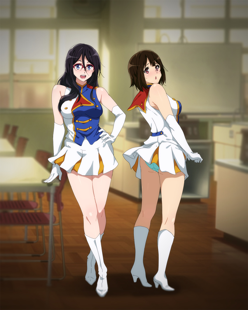 2girls :d arm_support ass black_hair blue_eyes blue_panties brown_hair elbow_gloves glasses gloves hibike!_euphonium highres long_hair multiple_girls nakaseko_kaori panties pantyshot purple_eyes sbel02 short_hair smile standing tanaka_asuka underwear uniform white_gloves