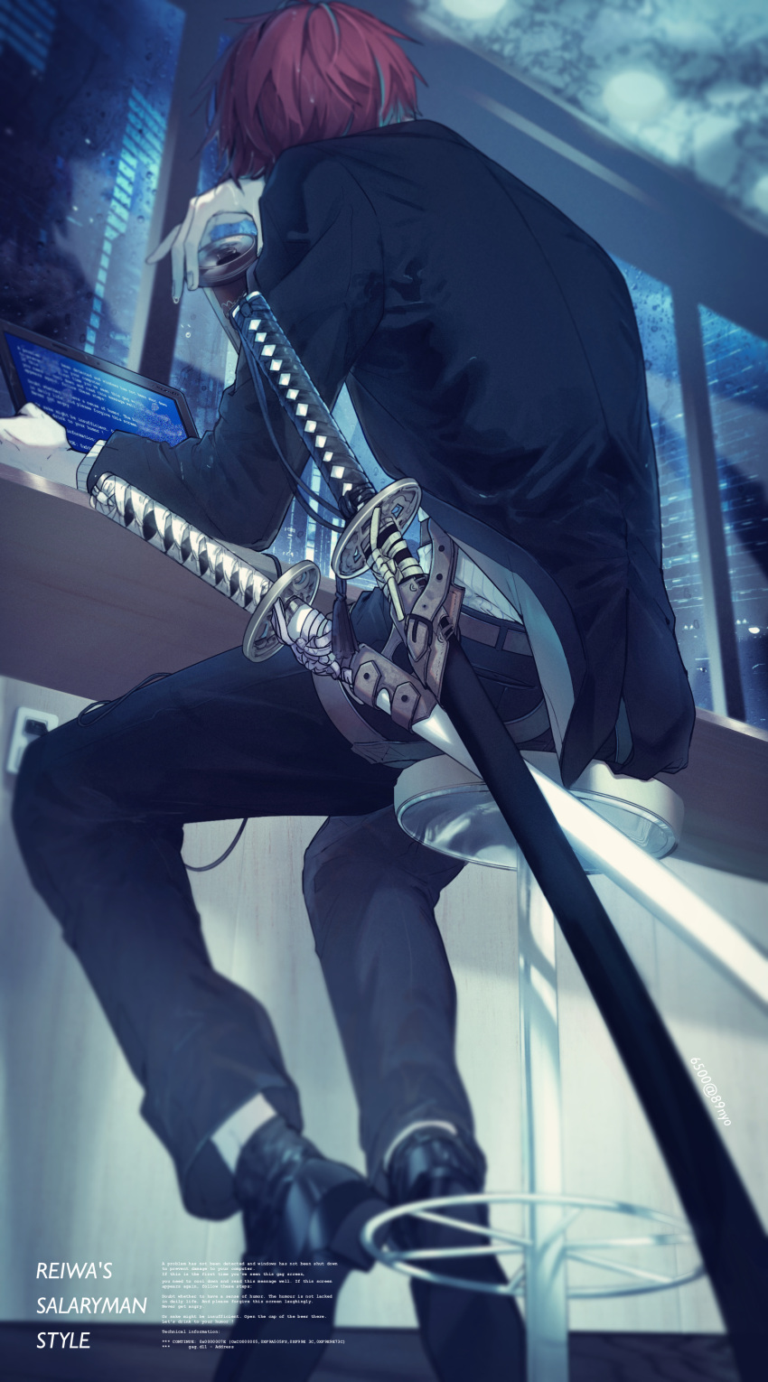 1boy absurdres belt black_coat black_footwear black_pants blurry c_asca can coat computer depth_of_field english_text highres holding holding_can hypnosis_mic kannonzaka_doppo katana laptop long_sleeves male_focus multiple_swords pants red_hair sheath sheathed shoes short_hair sitting sword weapon
