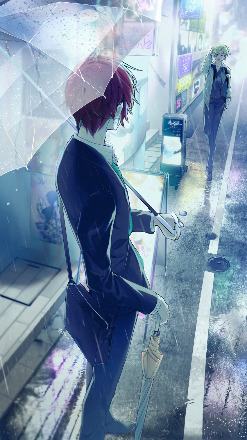 2boys absurdres ahoge bag blonde_hair c_asca closed_eyes closed_umbrella collared_shirt hand_on_own_head highres holding holding_umbrella hypnosis_mic izanami_hifumi kannonzaka_doppo looking_at_another male_focus multiple_boys necktie open_mouth rain red_hair salaryman shirt short_hair shoulder_bag smile transparent transparent_umbrella twitter_username umbrella walking wet wet_clothes wet_hair