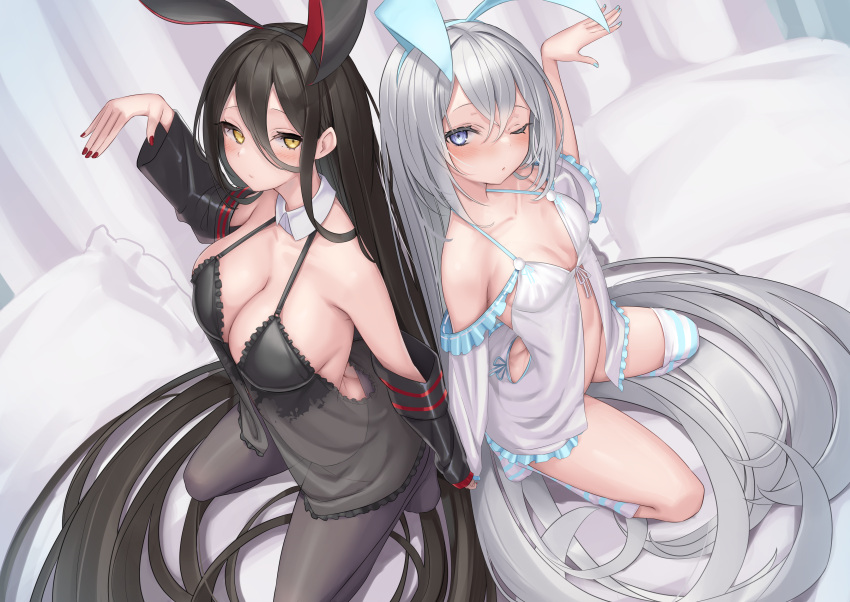 2girls absurdly_long_hair absurdres animal_ears babydoll back-to-back bed_sheet black_babydoll black_hair blue_nails breasts closed_mouth collarbone detached_collar fake_animal_ears frills from_above grey_eyes grey_hair hand_up highres kneeling large_breasts long_hair looking_at_viewer multiple_girls one_eye_closed original pantyhose pillow rabbit_ears red_nails reinama romaji_commentary small_breasts thighs underwear underwear_only very_long_hair white_babydoll yellow_eyes