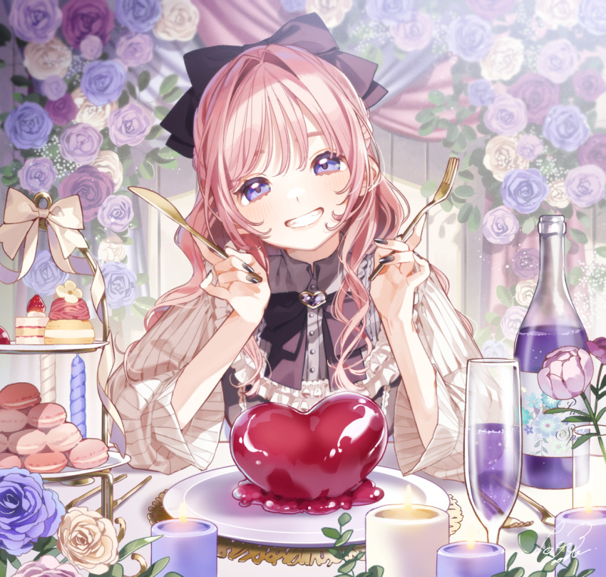 1girl black_bow blue_flower blue_rose booota bottle bow cake cake_slice champagne_flute commentary cup drinking_glass flower food fork grin hair_bow hair_intakes hands_up head_tilt heart highres holding holding_fork holding_knife knife long_hair long_sleeves macaron original pink_hair plate puffy_long_sleeves puffy_sleeves purple_eyes purple_flower purple_rose rose shirt smile solo symbol-only_commentary tiered_tray white_bow white_flower white_rose white_shirt