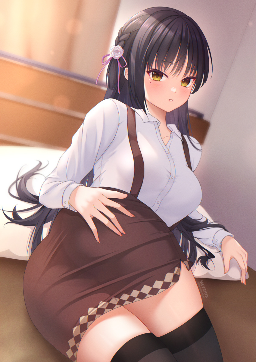 1girl arm_support artist_name ass bangs black_hair black_thighhighs blush braid breasts brown_skirt cafe_stella_to_shinigami_no_chou collar collarbone commentary commission eyelashes fingernails flower hair_flower hair_ornament hair_ribbon hand_on_own_ass high-waist_skirt highres indoors large_breasts lips long_hair long_sleeves looking_at_viewer lying meyrink on_bed on_side panties parted_lips purple_ribbon ribbon rose shiki_natsume shirt side_braid sidelocks skindentation skirt solo sunlight suspender_skirt suspenders thighhighs thighs twitter_username underwear white_collar white_flower white_rose white_shirt yellow_eyes yuzu-soft zettai_ryouiki