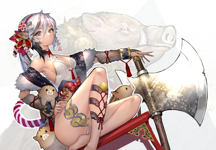 1girl animal_ears axe bangs barefoot black_hair boar boar_ears bow breasts chinese_zodiac cleavage_cutout closed_mouth clothing_cutout commentary_request creature flower foot_out_of_frame fur_trim gold_trim grey_hair hair_between_eyes hair_flower hair_ornament hairband hand_on_hip happy_new_year highleg highleg_leotard highres hitowa leotard looking_at_viewer medium_hair multicolored_hair new_year original pink_eyes ponytail red_bow red_hairband sidelocks sitting small_breasts solo streaked_hair variant_set white_background white_hair year_of_the_pig