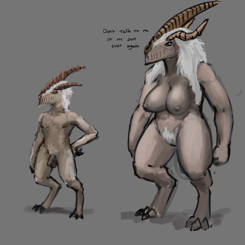 age_difference alien areola breasts claws crossgender dialogue don't_talk_to_me_or_my_son_ever_again duo english_text female flaccid ftm_crossgender fur genitals hand_on_hip hi_res horn humanoid larger_female male mature_female meandraco meme mother mother_and_child mother_and_son mtf_crossgender nipples nude older_female parent parent_and_child penis pubes pussy shyni_(teraurge) simple_background size_difference smaller_male son teraurge text thick_thighs tornoth_(teraurge) white_body white_fur younger_male