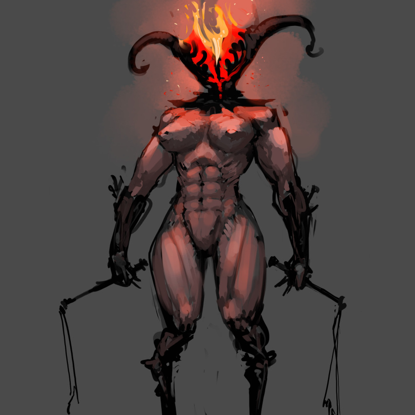 abs breasts demon featureless_crotch female fire hi_res holding_object holding_whip humanoid meandraco muscular muscular_female nipples solo whip