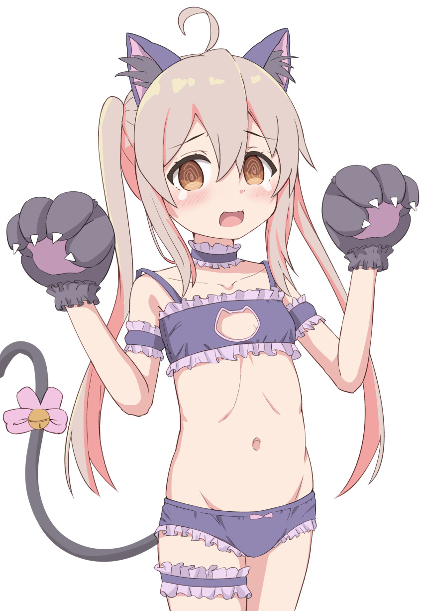 1girl @_@ ahoge animal_ear_fluff animal_ears animal_hands bangs bare_shoulders bell black_bra black_gloves black_panties blush bow bra brown_eyes brown_hair cat_cutout cat_ears cat_girl cat_lingerie cat_tail cleavage_cutout clothing_cutout collarbone commentary_request frilled_bra frills genderswap genderswap_(mtf) gloves groin hair_between_eyes hands_up highres hippo_(hirople) jingle_bell kemonomimi_mode long_hair meme_attire navel onii-chan_wa_oshimai open_mouth oyama_mahiro panties paw_gloves pink_bow simple_background solo standing tail tail_bell tail_bow tail_ornament tears twintails underwear underwear_only very_long_hair white_background