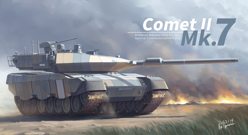 absurdres comet_ii_mk.7 day fire ground_vehicle highres military military_vehicle motor_vehicle no_humans original outdoors smoke spacebar_tyan tank tank_focus vehicle_focus