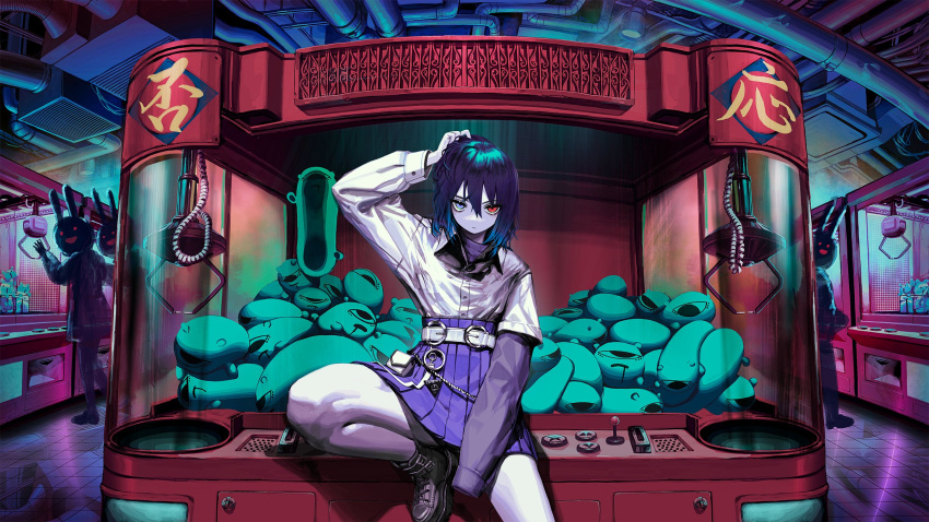 1girl 3others afternooners animal_ears arcade arm_up asymmetrical_sleeves bangs belt belt_pouch black_hair blue_eyes blue_hair boots chain collared_shirt combat_boots controller crane_game english_commentary fisheye foot_out_of_frame gradient_hair hair_between_eyes heterochromia high-waist_skirt highres indoors industrial_pipe joystick knee_up light_frown looking_at_viewer medium_hair multicolored_hair multiple_belts multiple_others original pale_skin pouch purple_shirt rabbit_ears red_eyes scratching_head shirt shirt_tucked_in shirt_under_shirt silhouette sitting sitting_on_object skirt sleeves_past_fingers sleeves_past_wrists solo_focus stuffed_animal stuffed_toy tsurime white_shirt
