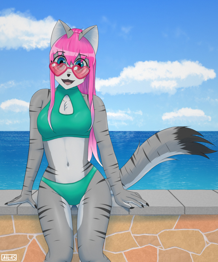 absurd_res anthro anya_(atlas_jkb) atlas_jkb bikini blue_eyes claws clothing cloud countershading dipstick_tail domestic_cat eyewear felid feline felis female fluffy fluffy_tail fur green_clothing grey_body grey_fur hair heart_sunglasses hi_res mammal markings outside pink_hair sea shaded sitting smile solo striped_body stripes sunglasses swimwear tail tail_markings wall_(structure) water watermark