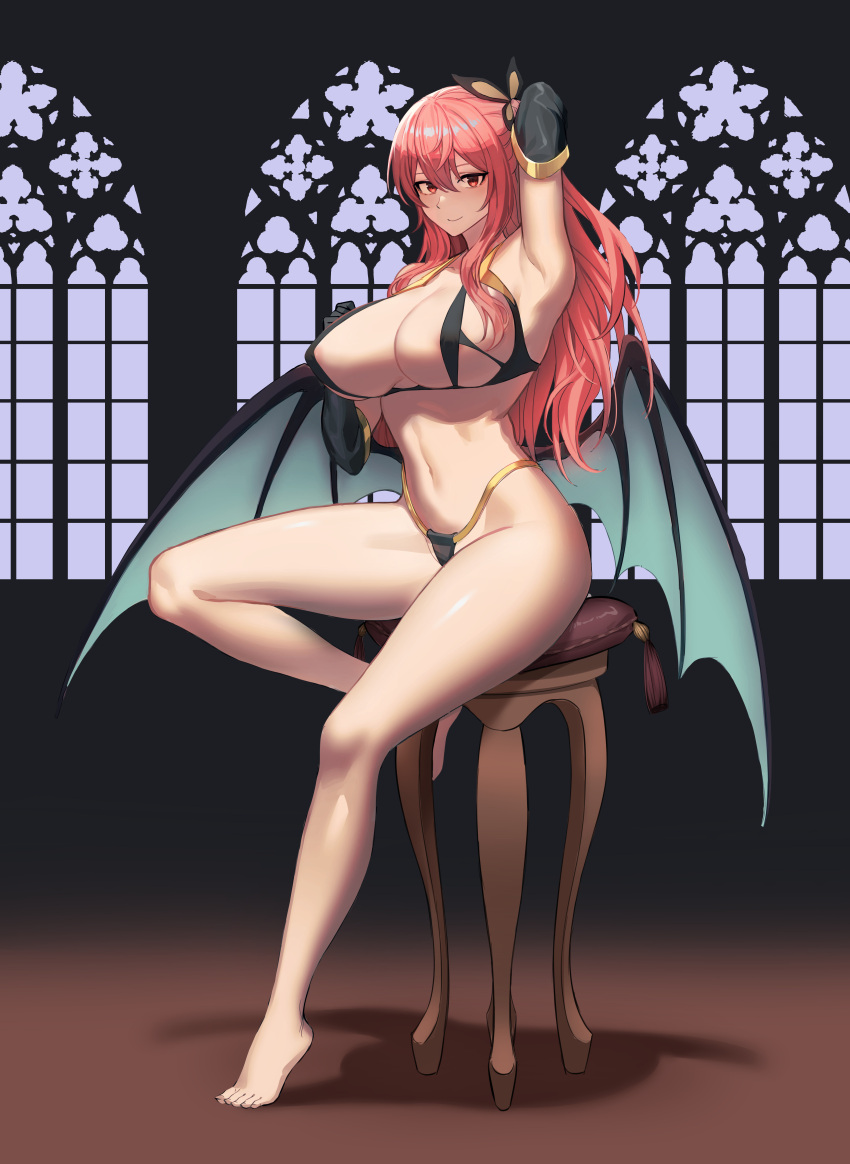 1girl absurdres areola_slip arm_behind_head arm_up armpits bare_legs bare_shoulders barefoot bikini black_bikini black_gloves breasts cleavage closed_mouth demon_girl demon_wings elbow_gloves gloves gold_trim hair_ornament hand_up highleg highleg_bikini highres large_breasts long_hair looking_at_viewer navel one_side_up original red_eyes red_hair sitting smile solo stomach stool string_bikini swimsuit thighs wings yareen
