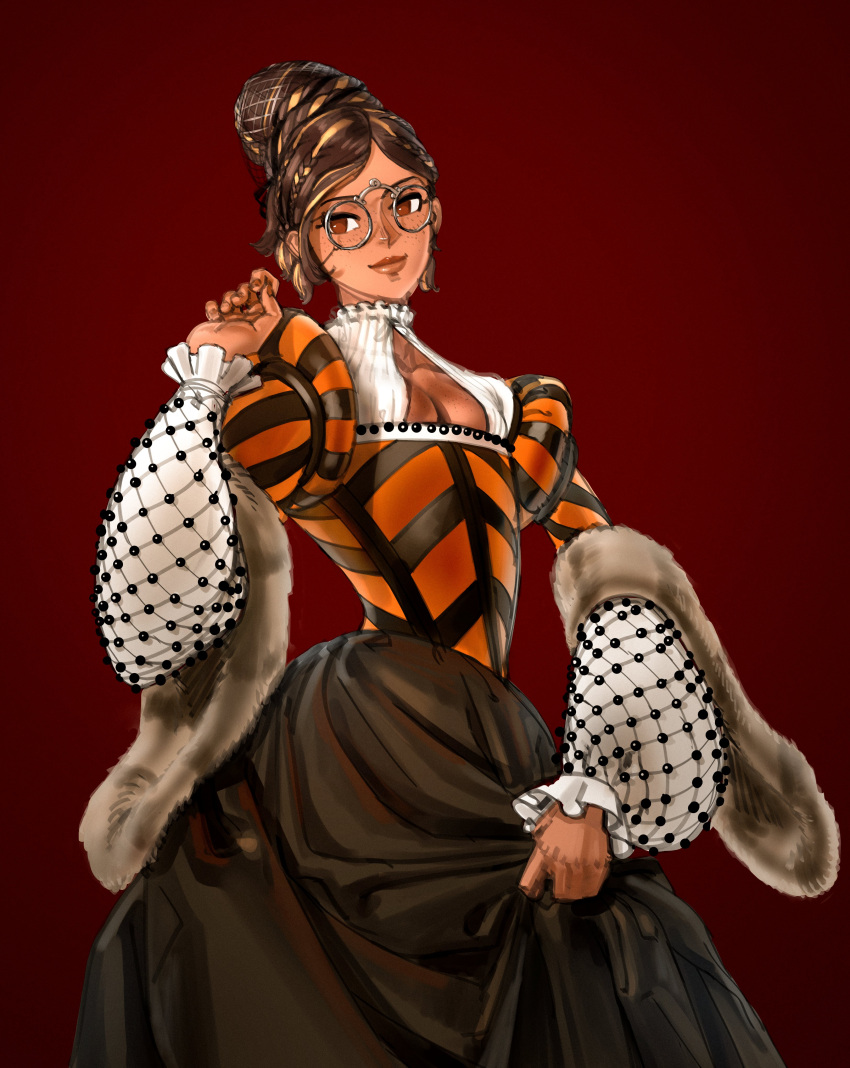 1girl absurdres beehive_hairdo black_skirt body_freckles breasts brown_hair cleavage closed_mouth freckles glasses highres long_sleeves looking_at_viewer medieval multicolored_hair original pelt pince-nez red_background round_eyewear simple_background skirt smile solo streaked_hair wassnonnam