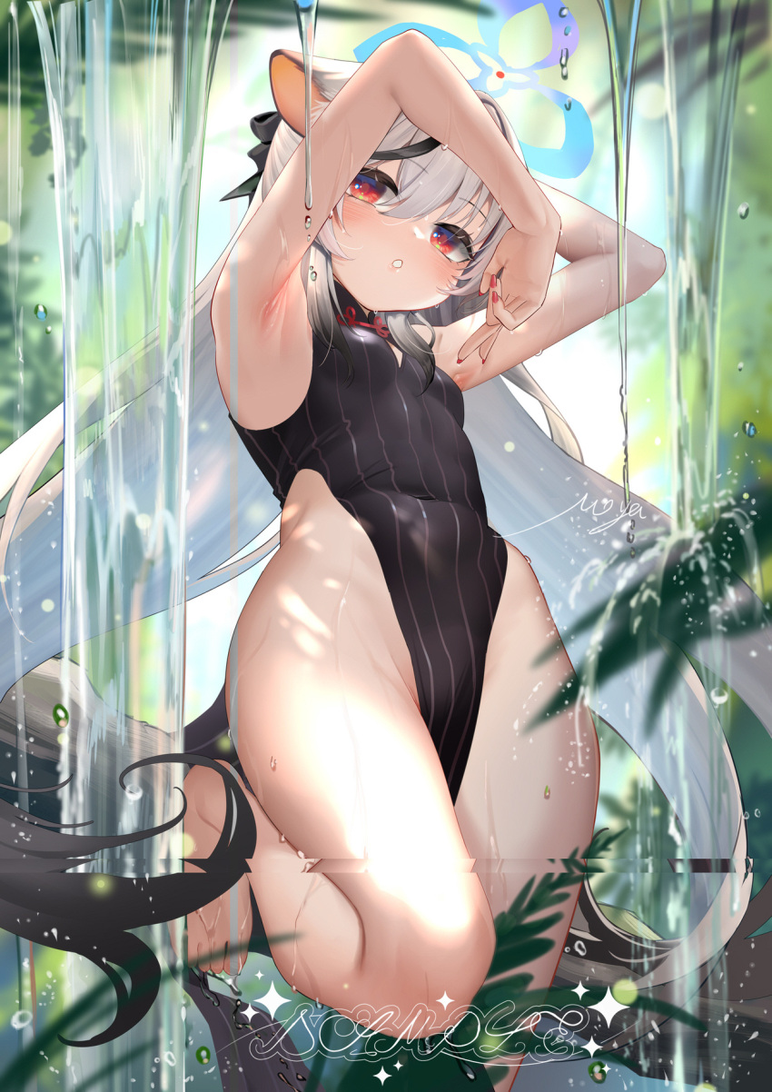 1girl :o animal_ear_fluff animal_ears armpits arms_up backlighting bare_legs barefoot black_dress black_hair blue_archive blush breasts cat_ears day dress fh_moya grey_hair halo highres kokona_(blue_archive) long_hair multicolored_hair nail_polish no_panties outdoors parted_lips pelvic_curtain red_eyes red_nails sleeveless sleeveless_dress small_breasts solo sparkle standing standing_on_one_leg streaked_hair striped striped_dress sunlight two-tone_hair vertical-striped_dress vertical_stripes very_long_hair water