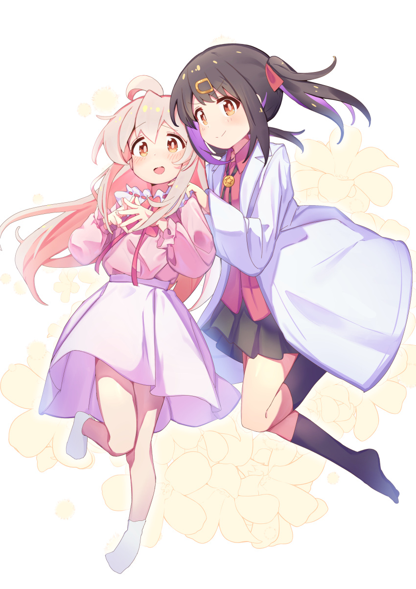 2girls :d absurdres ahoge black_hair black_skirt black_socks brown_eyes commentary full_body hair_ornament hairclip hand_on_another's_shoulder highres kneehighs labcoat long_hair long_sleeves multicolored_hair multiple_girls no_shoes onii-chan_wa_oshimai open_mouth own_hands_together oyama_mahiro oyama_mihari pink_hair pink_shirt pleated_skirt puffy_long_sleeves puffy_sleeves purple_hair red_shirt shirt siblings simple_background sisters skirt smile socks streaked_hair twintails two-tone_hair white_skirt white_socks yamada_auto
