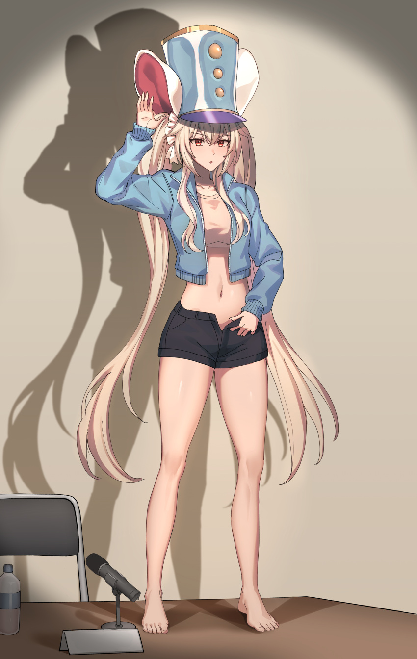 1girl absurdres animal_ears arm_up bare_legs barefoot black_shorts blonde_hair blue_headwear blue_jacket commission crop_top cropped_jacket dungeon_and_fighter full_body hat highres jacket lifeff long_hair long_sleeves looking_at_viewer midriff mouse_ears navel open_clothes open_fly open_jacket parted_lips peaked_cap red_eyes shadow shirt short_shorts shorts solo standing stomach thighs twintails very_long_hair white_shirt yareen