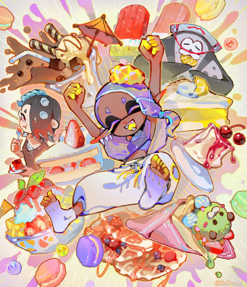 1boy 2girls :d ^_^ alternate_color alternate_hair_color artist_name asymmetrical_hair big_man_(splatoon) blue_hair blueberry bowl cake cake_slice candy cheesecake cherry chili_pepper chocolate clenched_hands closed_eyes closed_mouth colored_skin commentary crop_top cropped_shirt dark-skinned_female dark_skin drawstring drinking_straw earrings eating eyelashes fangs food food-themed_hair_ornament forehead fork fruit frye_(splatoon) full_body gradient_hair hachimaki hair_ornament hair_over_one_eye harem_pants headband highres holding holding_candy holding_food holding_fork holding_lollipop holding_plate ice_cream jewelry kudoom lemon lemon_slice lollipop looking_at_viewer macaron manta_ray milkshake multicolored_hair multicolored_skin multiple_earrings multiple_girls nejiri_hachimaki one_eye_covered open_mouth pants plate pointy_ears poncho popsicle purple_hair purple_shirt raspberry red_hair shirt shiver_(splatoon) short_eyebrows sleeveless sleeveless_shirt smile spikes splatoon_(series) splatoon_3 strawberry strawberry_shortcake swirl_lollipop syrup teeth tempura tentacle_hair toes twitter_username wafer_stick waffle whipped_cream white_pants