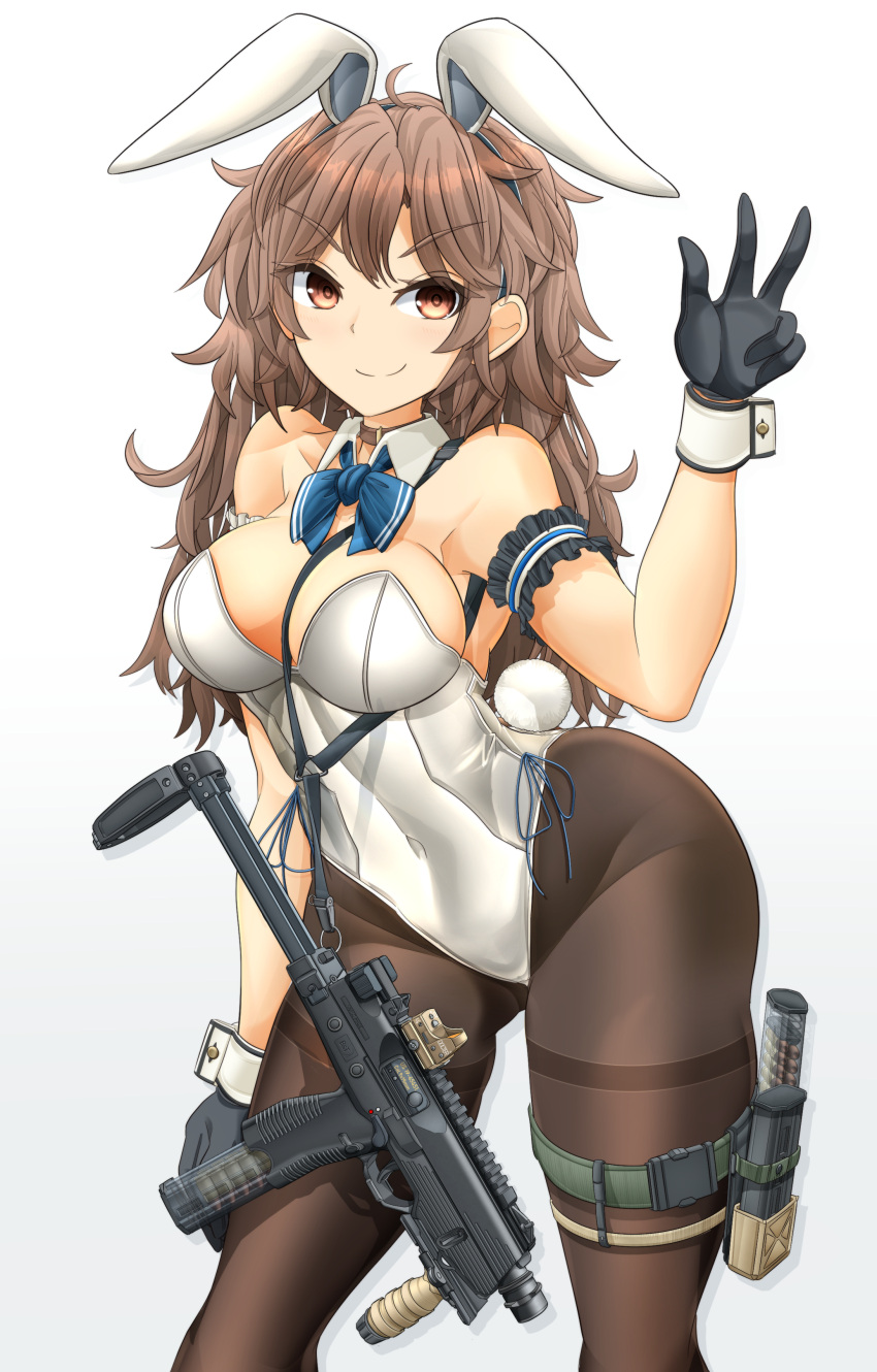 1girl absurdres animal_ears arm_garter black_gloves black_hairband black_pantyhose blue_bow blue_bowtie bow bowtie breasts brown_eyes brown_hair brugger-thomet_mp9 covered_navel detached_collar fake_animal_ears fake_tail gloves gun hairband highleg highleg_leotard highres large_breasts leotard long_hair machine_pistol mikeran_(mikelan) original pantyhose playboy_bunny rabbit_ears rabbit_tail side-tie_leotard smile solo strapless strapless_leotard submachine_gun tail thigh_strap thighband_pantyhose weapon white_leotard wrist_cuffs