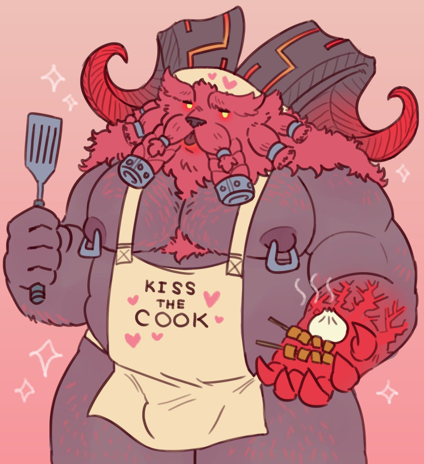&lt;3 2_horns anthro apron apron_only areola beard belly big_moobs big_nipples black_areola black_body black_horn black_nipples black_nose black_skin blep body_hair bovid bovid_horn braided_beard braided_mustache bulge burly caprine caprine_horn chef_hat chest_hair chest_tuft closed_frown clothed clothing curled_horn dark_body dark_horn dark_skin demigod dumplings eyebrows facial_hair fluffy food front_view fur glowing glowing_eyes gradient_background hairy_arms hairy_legs half-closed_eyes hat headgear headwear heart_apron heart_hat hi_res holding_food holding_object holding_spatula holding_tool horn horn_markings iconography imaboii666 kiss_the_cook leagues looking_at_viewer male mammal manly markings mature_anthro mature_male meat_skewer moobs mostly_nude multicolored_horn musclegut muscular_arms mustache narrowed_eyes nipple_piercing nipple_ring nipples no_pupils ornn_(lol) overweight overweight_anthro overweight_male pecs pictographics piercing pink_background print_apron print_clothing print_hat print_headgear print_headwear ram_horn red_body red_eyebrows red_fur red_horn ring_piercing sharp_horn shoulder_tuft simple_background skewer skimpy solo sparkles spatula standing steam_lines steaming stocky text thick_eyebrows tongue tongue_out tools tuft two_tone_horn white_apron yellow_eyes yellow_sclera