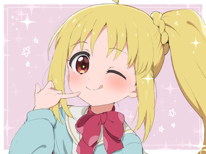 1girl :q ;) ahoge bangs blonde_hair bocchi_the_rock! border bow bowtie commentary_request finger_to_mouth hair_ornament hair_scrunchie highres ijichi_nijika looking_at_viewer medium_hair one_eye_closed outside_border pink_background pinky_out pinky_to_mouth portrait ransusan red_bow red_bowtie red_eyes scrunchie side_ponytail sidelocks smile solo sparkle star-shaped_pupils star_(symbol) symbol-shaped_pupils tongue tongue_out white_border