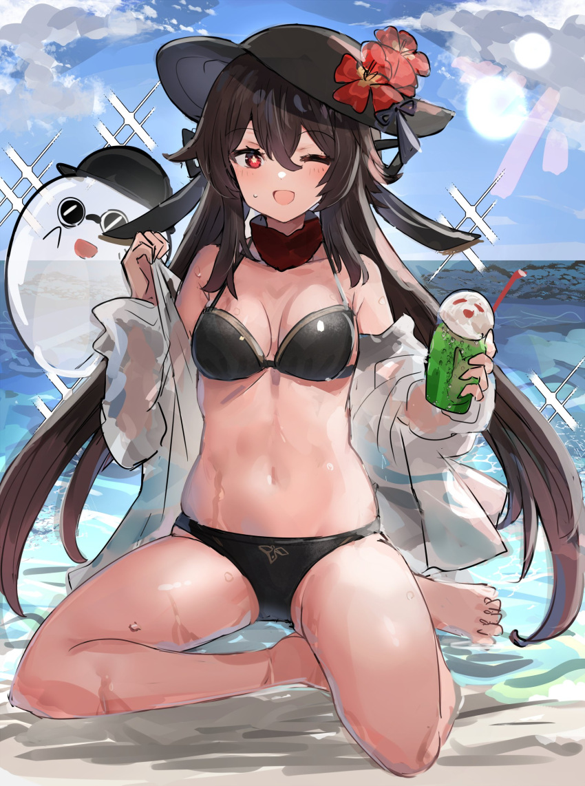1girl absurdres bangs bare_legs bare_shoulders barefoot bikini black_bikini black_headwear blue_sky blush boo_tao_(genshin_impact) breasts brown_hair cup day drinking_glass flower flower-shaped_pupils genshin_impact hair_between_eyes hat hat_flower highres holding holding_cup hu_tao_(genshin_impact) long_hair looking_at_viewer navel ocean off_shoulder one_eye_closed open_mouth outdoors red_eyes red_flower sitting sky small_breasts smile solo stomach swimsuit symbol-shaped_pupils the_olphy thighs twintails very_long_hair water wet yokozuwari