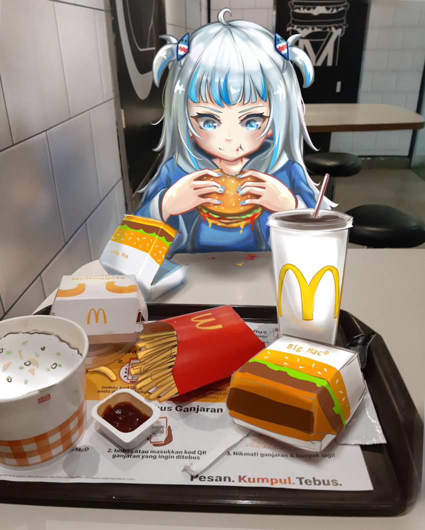 1girl absurdres akrx78_2 bangs blue_eyes blue_hair blunt_bangs commentary cup disposable_cup drinking_straw eating english_commentary food food_on_face french_fries gawr_gura grey_hair hair_ornament highres hololive hololive_english indonesian_text indoors mcdonald's medium_hair multicolored_hair photo_background pov restaurant shark_hair_ornament sitting spilling stool streaked_hair table tray two_side_up upper_body virtual_youtuber