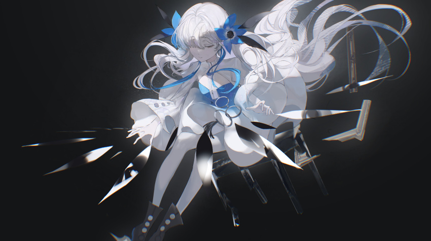 1girl absurdres black_background blue_dress blue_hair boots closed_eyes commentary_request dress expressionless floating_hair flower full_body gradient_dress grey_hair hair_flower hair_ornament hair_over_one_eye highres isekai_joucho kamitsubaki_studio knees_up long_hair multicolored_hair pantyhose parted_lips picture_frame raivarune solo stool two-tone_dress two-tone_hair very_long_hair virtual_youtuber white_dress white_pantyhose wide_sleeves