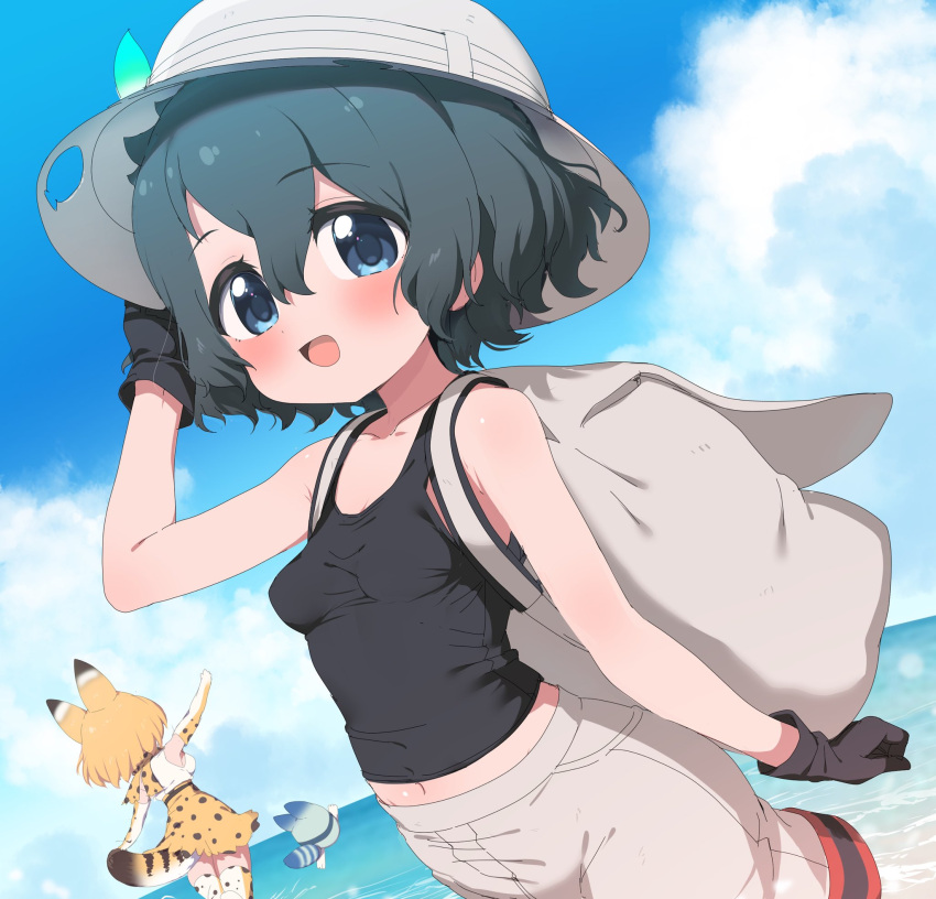 2girls :d animal_ears backpack bag bangs bare_arms bare_shoulders beach black_gloves black_hair black_tank_top blonde_hair blue_eyes blue_sky blush breasts cat_ears cat_tail cloud commentary_request dutch_angle gloves grey_shorts hair_between_eyes helmet highres horizon kaban_(kemono_friends) kemono_friends looking_at_viewer lucky_beast_(kemono_friends) midriff multiple_girls navel ocean open_mouth outdoors pith_helmet ransusan serval_(kemono_friends) serval_print short_hair shorts sky small_breasts smile solo_focus tail tank_top tareme water