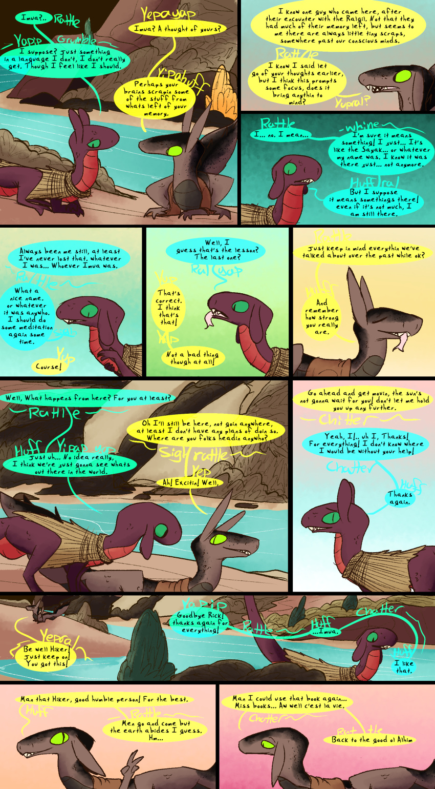 absurd_res comic dinosaur dragon dragonscape drekir dromaeosaurid duo english_text female feral goodbye hi_res hiker_(thepatchedragon) male morning post-apocalyptic reptile rick_(thepatchedragon) river scalie text thepatchedragon theropod tribal tribal_clothing water
