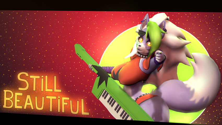 3d_(artwork) anthro big_breasts big_butt breasts butt canid canine canis clothed clothing digital_media_(artwork) eyewear female female/female five_nights_at_freddy's five_nights_at_freddy's:_security_breach gesture glasses hi_res looking_at_viewer mammal musical_instrument photolol.03 piercing pointing pointing_at_viewer roxanne_wolf_(fnaf) scottgames simple_background solo text thick_thighs wide_hips wolf