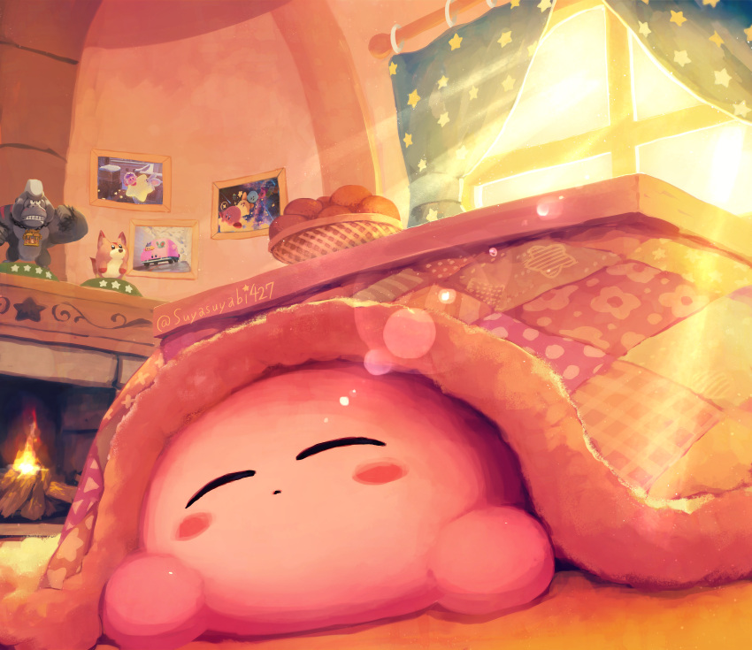 absurdres artist_name awoofy bandana_waddle_dee basket blush blush_stickers car_mouth closed_eyes closed_mouth commentary_request copy_ability curtains elfilin figure fire fireplace full_body gorimondo highres ice_kirby indoors kirby kirby_(series) kirby_and_the_forgotten_land kotatsu lens_flare light_rays lying mouthful_mode no_humans on_stomach photo_(object) picture_frame sleeping star_(symbol) sunlight suyasuyabi table twitter_username under_kotatsu under_table waddle_dee warp_star window