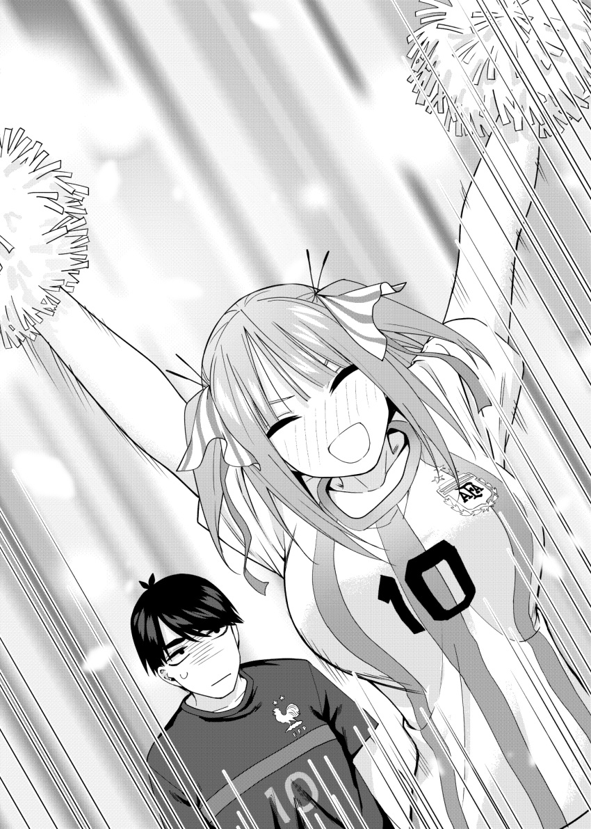1boy 1girl 2022 :| arms_up bangs blunt_bangs blush breasts butterfly_hair_ornament cheering cheerleader closed_eyes closed_mouth dutch_angle embarrassed frown full-face_blush go-toubun_no_hanayome hair_ornament highres kosmos_beta large_breasts looking_at_another medium_hair monochrome nakano_nino open_mouth pom_pom_(cheerleading) portuguese_commentary shirt short_hair short_sleeves sidelocks simple_background sweatdrop two_side_up uesugi_fuutarou v-shaped_eyebrows white_background world_cup