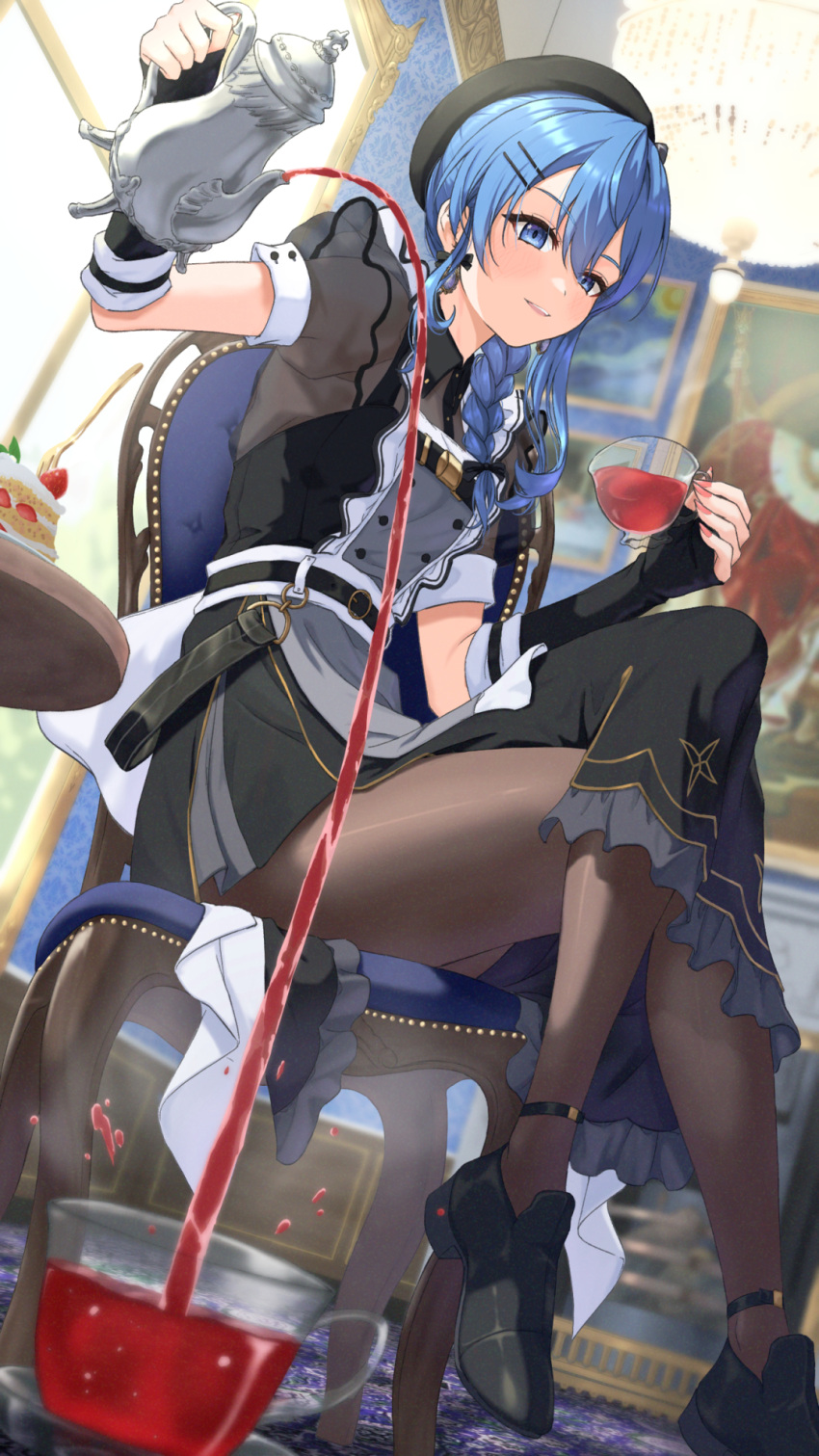 1girl beret blue_eyes blue_hair bowsan braid braided_ponytail cake chair crossed_legs cup decantering dress earrings elbow_gloves fingerless_gloves food foreshortening fruit gloves hair_between_eyes hair_ornament hairclip hat highres hololive hoshimachi_suisei jewelry long_hair maid official_alternate_costume pantyhose parted_lips see-through see-through_sleeves single_braid sitting smile solo strawberry strawberry_shortcake tea teacup teapot virtual_youtuber
