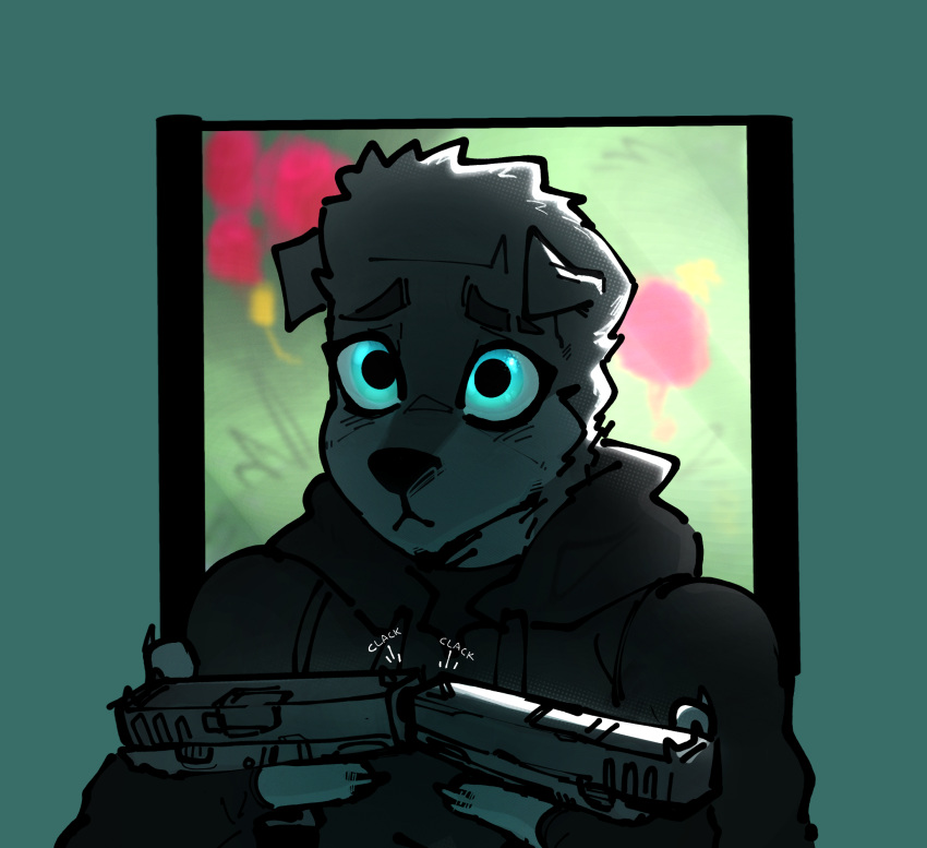 anthro big_eyes black_clothing canid canine canis clothing cute_expression cute_eyes domestic_dog glock_19 goon_(goonie_san) goonie-san gun hi_res holding_gun holding_object holding_weapon looking_up male mammal ranged_weapon simple_background solo weapon wolf