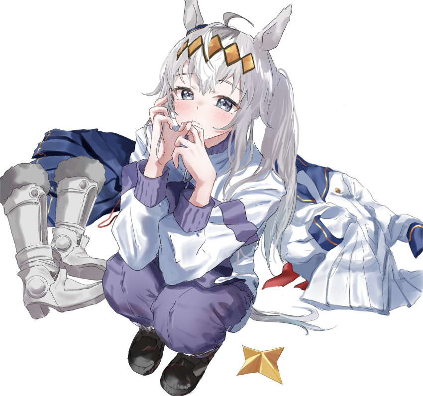 1girl animal_ears black_footwear blue_skirt blush boots boots_removed closed_mouth grey_eyes grey_hair ha_(hura76752775) hand_in_own_hair highres horse_ears horse_girl horse_tail jacket jacket_removed long_hair long_sleeves looking_at_viewer oguri_cap_(umamusume) pants ponytail purple_pants shoes simple_background skirt skirt_removed sneakers solo squatting tail umamusume white_background