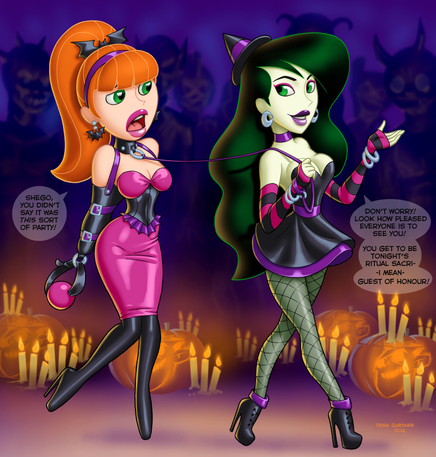 2girls absurdres armbinder bdsm black_hair bondage bound breasts candle cleavage collar colored_skin drew_gardner earrings english_text femdom fishnets green_eyes green_skin halloween high_heels highres jack-o'-lantern jewelry kim_possible kimberly_ann_possible leash multiple_girls open_mouth orange_hair revealing_clothes shego speech_bubble teeth toon_(style)