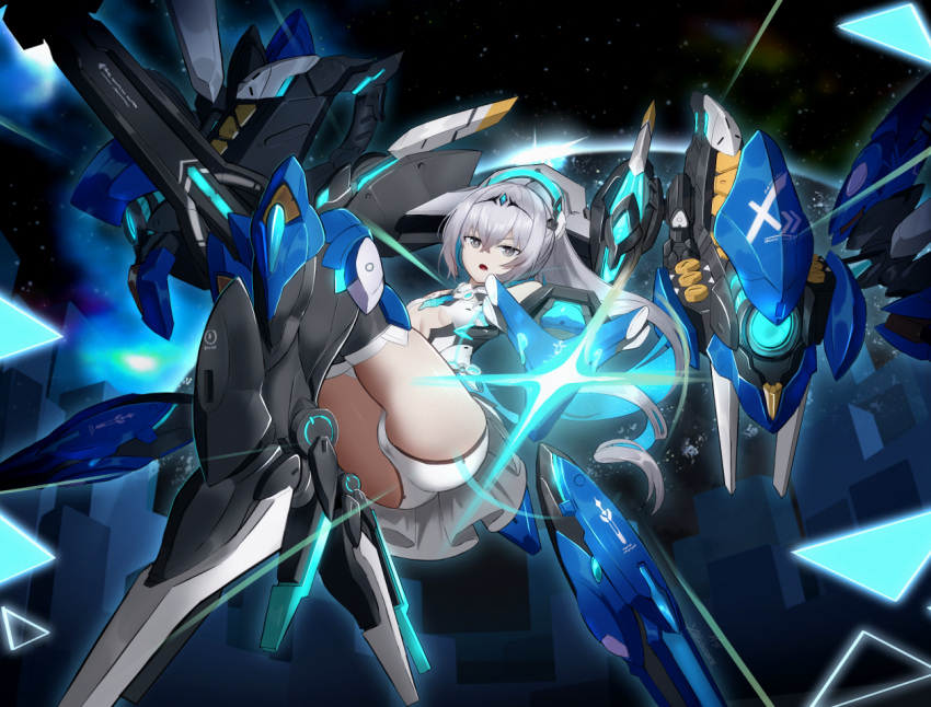 1girl :o armor armored_dress ass bangs boots bronya_zaychik bronya_zaychik_(herrscher_of_truth) drill_hair full_body glowing grey_eyes grey_hair hair_ornament high_heel_boots high_heels honkai_(series) honkai_impact_3rd long_hair looking_at_viewer non-humanoid_robot open_mouth panties planet project_bunny robot sky solo space star_(sky) starry_sky twin_drills underwear white_panties yukidaruma718