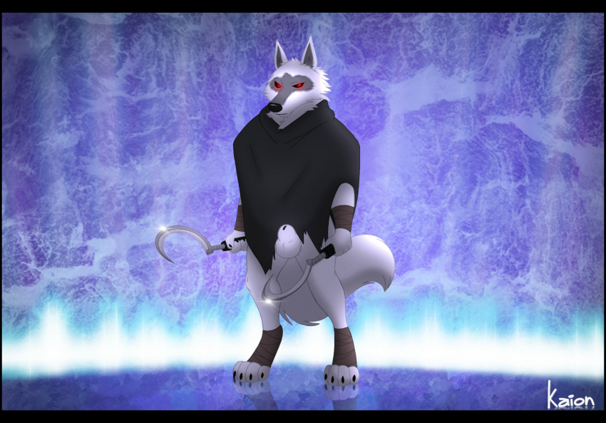anthro balls canid canine canis clothed clothing death_(puss_in_boots) dreamworks fur genitals grey_body grey_fur hi_res kaion male mammal puss_in_boots_(film) puss_in_boots_the_last_wish red_eyes solo weapon wolf