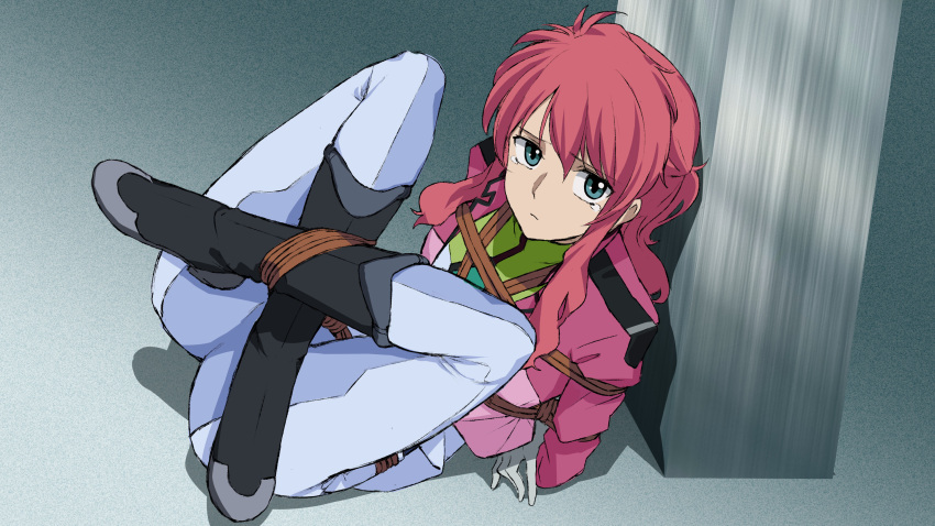 1girl absurdres bdsm black_footwear blue_eyes bondage bound celestial_being_uniform chimu_xingcheng feldt_grace full_body gundam gundam_00 hair_between_eyes highres jacket long_hair looking_at_viewer pants pink_hair pink_jacket sad shibari shoes solo tearing_up